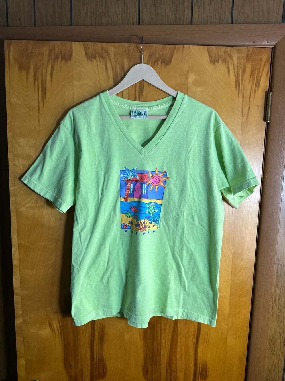 Vintage 1998 Fresh Produce Lime Green V-Neck Graphic T-Shirt M